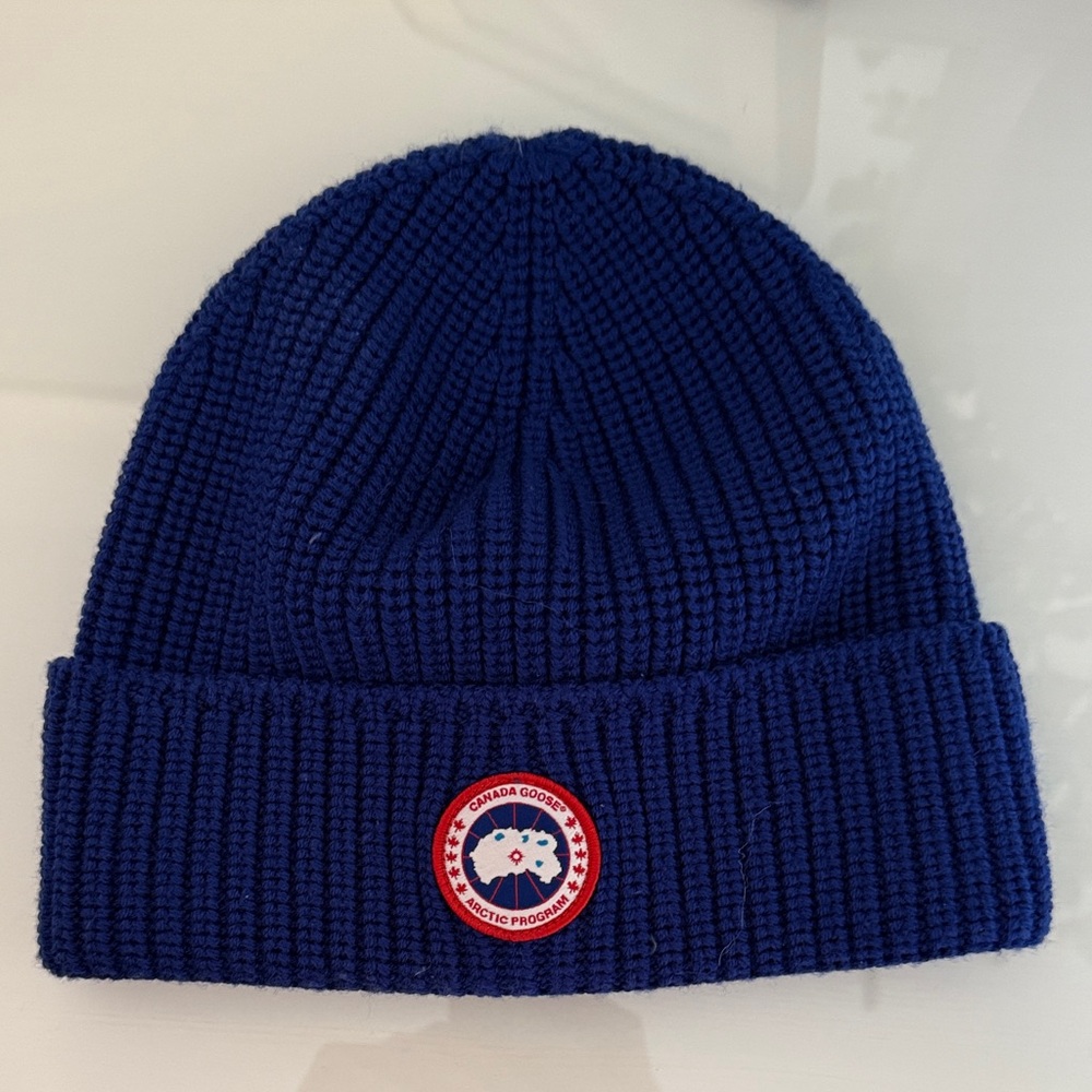 Canada Goose Blue Knit Beanie with Logo Patch